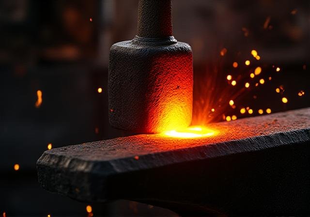 Close up of glowing iron being forged on an anvil, symbolizing business transformation
