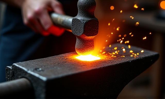 Close-up of molten metal being forged into a strong structure, representing leadership transformation