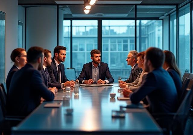 Team of professionals collaborating in a high-contrast corporate office setting