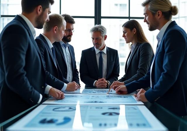 Team discussing data analytics in a modern boardroom